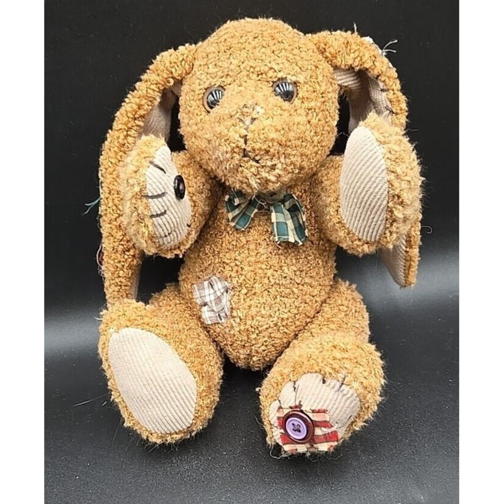 Cuddle Wit Plush Bunny Rabbit Tan‎ Sherpa Floppy Ear Patchwork Bow Tie 9 inch